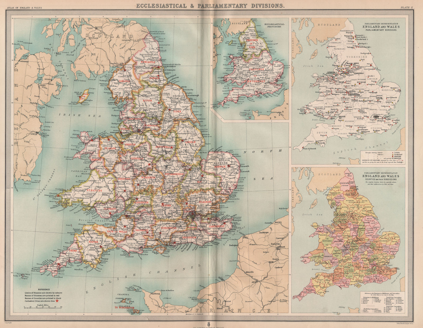 ENGLAND & WALES Eccelestiastical & parliamentary constituencies. LARGE 1903 map